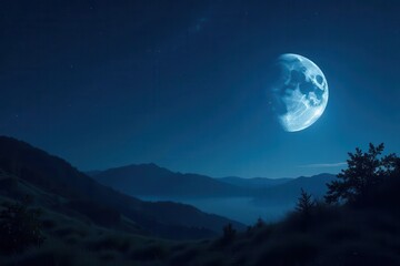 Serene Nightscape A large, luminous moon graces the twilight sky above a tranquil landscape of rolling hills and valleys shrouded in a gentle mist, creating a picturesque nocturnal scene.