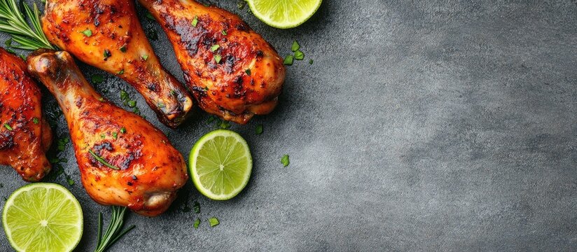 Grilled spicy chicken legs garnished with fresh rosemary and lime halves on a textured gray background with ample copyspace to the right