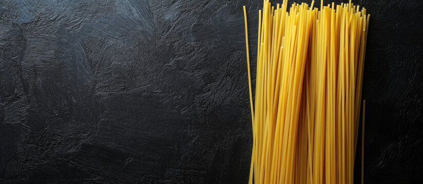 Yellow spaghetti strands arranged neatly on the left against a black textured background with ample copy space on the right side of the image