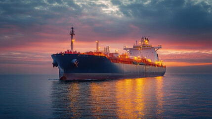 Fototapeta premium Large oil tanker sailing on calm water. Colorful sunset sky. Bright lights reflecting on the ocean surface. Transport ship in the distance.