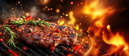 Grilled spicy pork steak garnished with herbs and red chili peppers over intense flames with a smoky background showcasing vibrant orange and yellow hues