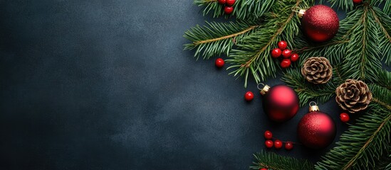 Christmas arrangement featuring spruce branches, red ornaments, pine cones, and berries on a dark background with ample copy space on the left.