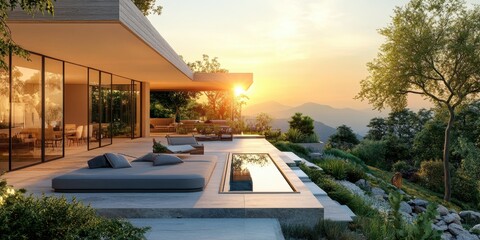 Fototapeta premium Stunning villa with sunken outdoor lounge, manicured garden, and breathtaking sunset backdrop.