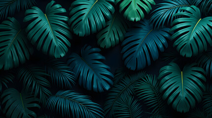 Dark Tropical Green Monstera Palm Leaves Foliage Nature Background