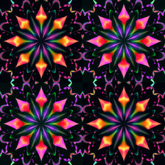 an abstract seamless pattern with stars on a black background, colorful design symmetrical ornament