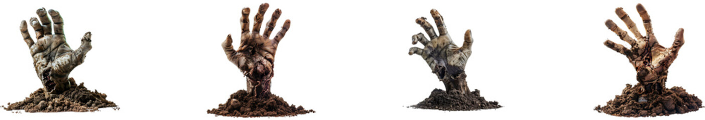 Halloween dead hand coming out from the soil on transparent background collection set