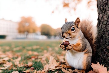 Fototapeta premium Squirrel holding acorn amidst vibrant autumn leaves near tree tr