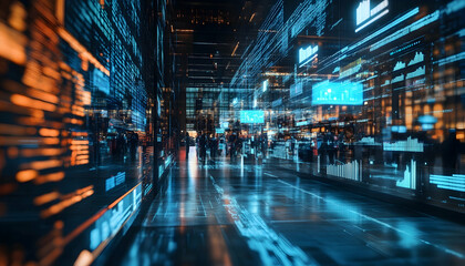 A futuristic trading floor with holographic displays and digital interfaces  -