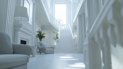 Obraz premium Grand white staircase, luxury home interior, sunlight, elegant furniture, real estate