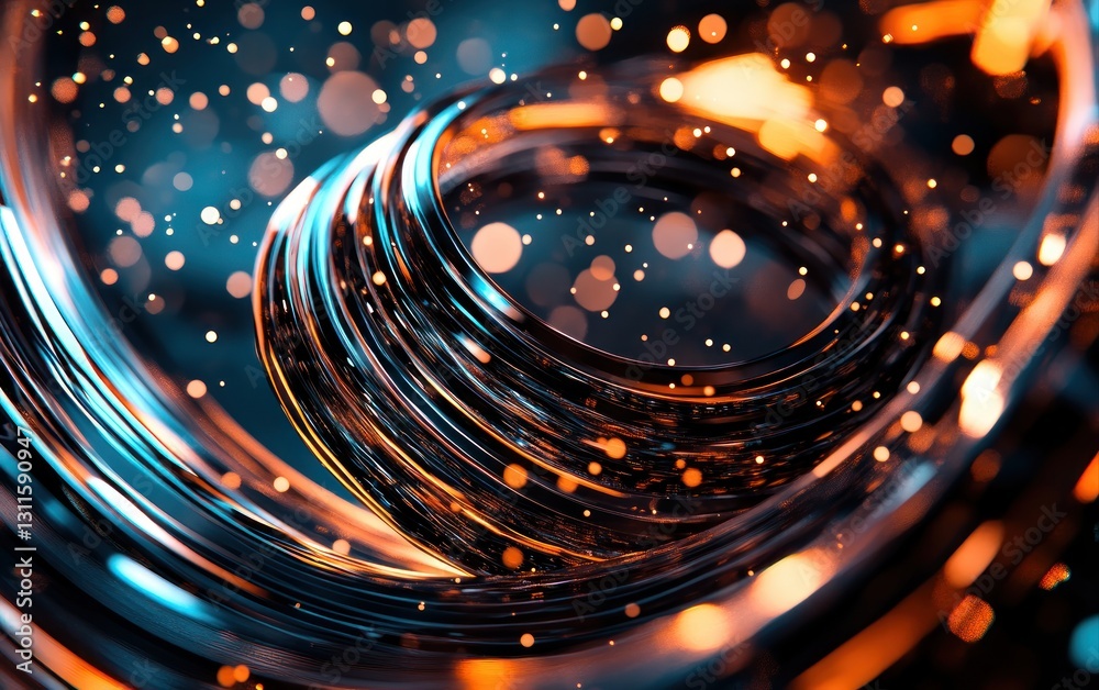 Poster abstract metallic swirl with glowing particles and vibrant colors in a dynamic, surreal composition