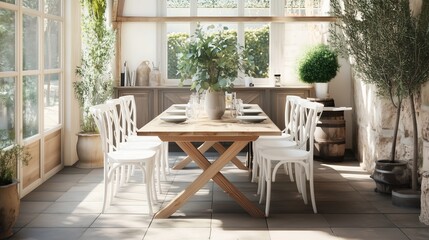Obraz premium Sunlit dining area wooden table white chairs. AI generated