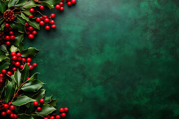 Decorative holly and berries arrangement festive background holiday theme green texture flat lay seasonal decoration