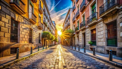 Fototapeta premium Sun-Drenched Madrid Street: Vibrant Architecture & Cobblestone Charm