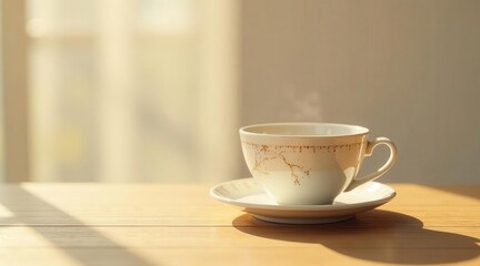 A warm beverage in a delicate teacup rests on a wooden table, bathed in the gentle glow of sunlight streaming through a nearby window.