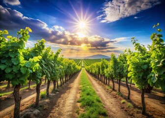 Naklejka premium Sun-Drenched Vineyard Landscape: Summer Blue Sky, Lush Vines