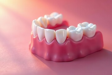 A Close-Up View of a Healthy Human Dentition Model on a Pink Background, Showcasing Gleaming White Teeth and Pink Gums, Ideal for Dental Health and Oral Hygiene Education Materials