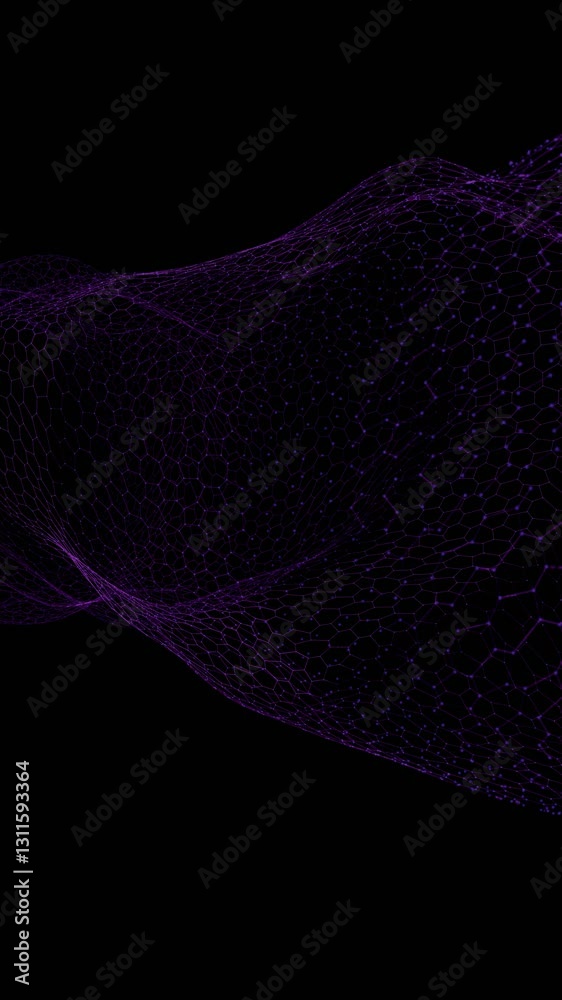 Fototapete Flowing hexagonal mesh with subtle colored nodes forming a wave-like structure on a black background, creating a futuristic and minimalistic design

