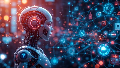 backdrop aspects of abstract technology  See Less By PurelyPixels uses 3D rendering with atom and molecule science aspects to demonstrate AI robotics, the social internet of things, and futuristic cyb