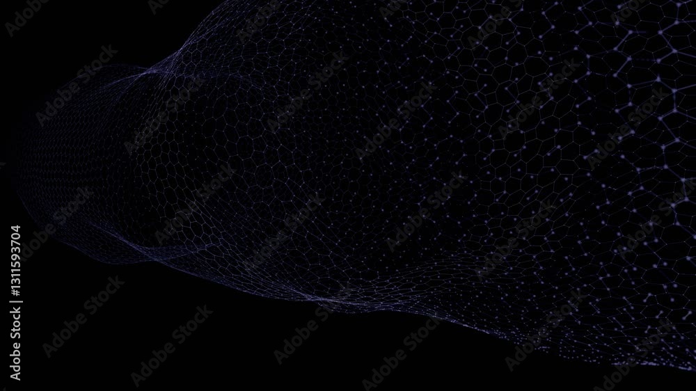 Aufkleber Flowing hexagonal mesh with subtle colored nodes forming a wave-like structure on a black background, creating a futuristic and minimalistic design

