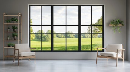 Obraz premium Modern room with large window, peaceful landscape view, ideal for relaxation or work