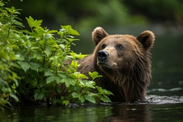 Obraz premium Majestic Brown Bear Emerging from Water in Lush Green Wilderness