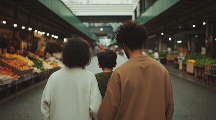 Obraz premium Three individuals explore vibrant market, surrounded by colorful
