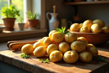A sunlit pile of freshly harvested potatoes rests on a rustic wooden board, nestled amongst sprigs of fresh herbs, near a window and a bowl of additional potatoes.