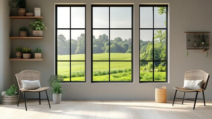 Fototapeta premium Modern room with large windows overlooking a green landscape. Possible use Interior design, home decor, real estate