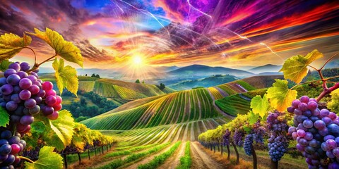 Sunlit Grapevines Double Exposure: Lush Vineyard Landscape