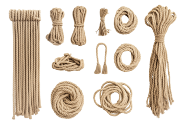 Set of ropes with different shapes and sizes, isolated on a transparent background.