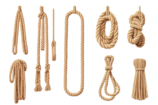 Set of ropes with different shapes and sizes, isolated on a transparent background.