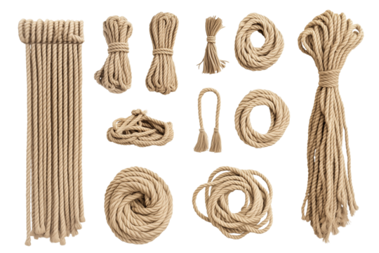 Set of ropes with different shapes and sizes, isolated on a transparent background.