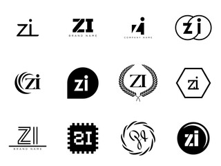 ZI logo company template. Letter z and i logotype. Set different classic serif lettering and modern bold text with design elements. Initial font typography.