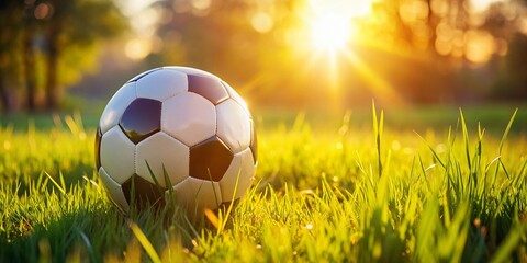 Fototapeta premium Sunlit Soccer Ball on Lush Green Grass Field - Candid Shot