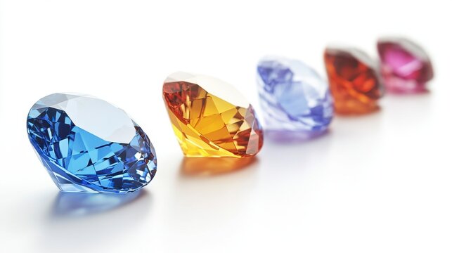 A set of synthetic topaz gemstones arranged in a line, showcasing their brilliant color and shine.