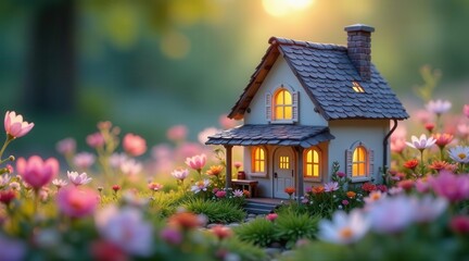 Enchanted Cottage Nestled in a Field of Blossoms at Sunset