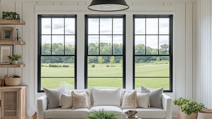 Fototapeta premium Modern farmhouse living room with large windows overlooking a field
