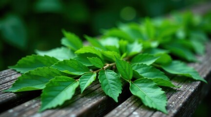 Lush Green Vine Resting on Weathered Wooden Surface, Displaying Vibrant Foliage and Natural Texture
