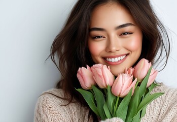 Fototapeta premium A woman holding a bunch of pink tulips in her hands