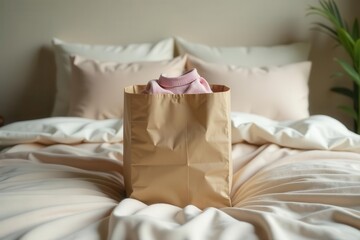 A soft pink garment nestled inside a simple paper bag rests gently on a neatly made bed