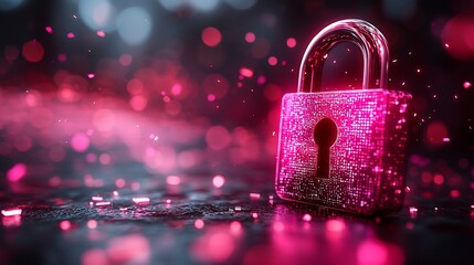 A vibrant pink digital padlock symbolizing security amidst a blurred, colorful background