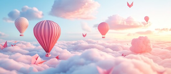 Fototapeta premium Colorful hot air balloons in shades of pink and red float among fluffy clouds in a soothing pastel sky at sunset creating a whimsical atmosphere.