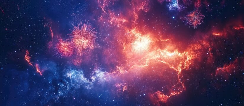 Vibrant fireworks in explosive reds and blues illuminate a dark night sky, celebrating New Year's Eve with dazzling bursts of joy and color.