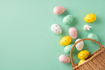 Decorative pastel Easter eggs with patterns are scattered around a basket on a green backdrop. This festive arrangement conveys the celebration of Easter and the joy of springtime.