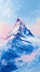Obraz premium A vibrant, stylized painting of a majestic mountain peak with soft pastel hues in the sky, showcasing an artistic interpretation of nature's beauty.