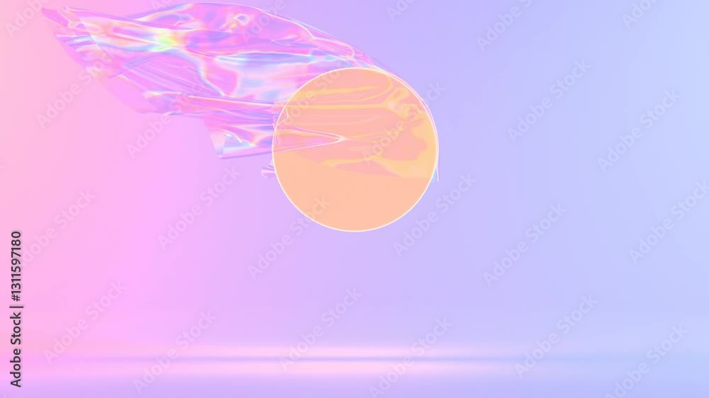 Poster holographic flowing fabric suspended in mid-air with a soft gradient pastel background, creating a s