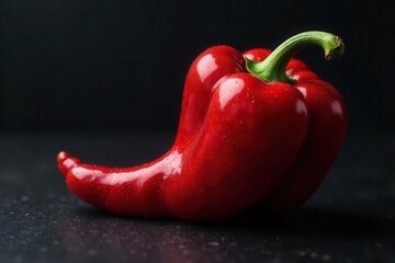 A Vibrant Red Bell Pepper with Dew Drops, a Close-Up Study of its Glossy Surface and Curved Form Against a Dark Background