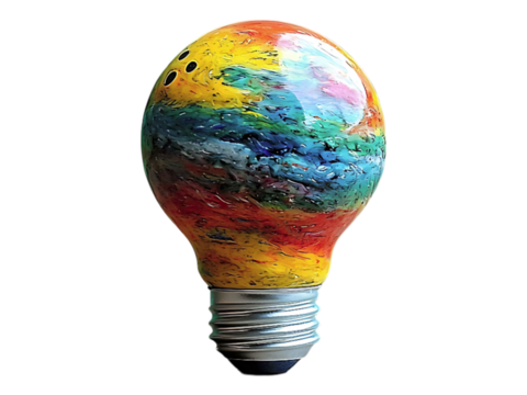 Vibrant, handpainted lightbulb on rustic wood.  A symbol of creativity, innovation, and unique ideas. Perfect for concepts related to art, design, imagination, and sustainable solutions.