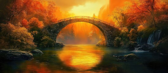 Twilight scene featuring a vibrant bridge over water with orange and yellow hues reflecting on the surface surrounded by colorful autumn foliage.