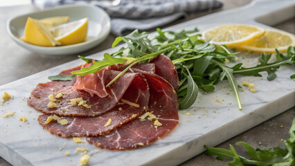 Fototapeta premium Sliced Meat with Lemon Garnish